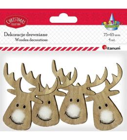 Drewniane głowy renifera z pomponowym nosem 4szt
