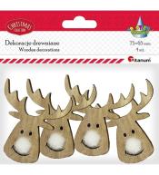 Drewniane głowy renifera z pomponowym nosem 4szt
