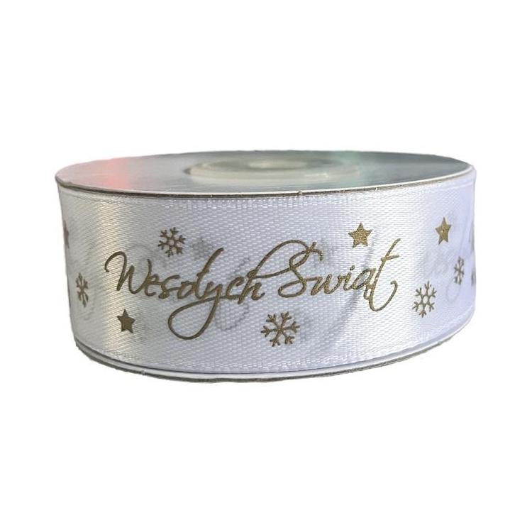 Wstążka satynowa Wesołych Świąt 25mm biała