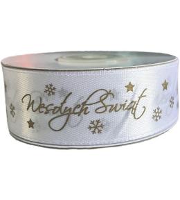Wstążka satynowa Wesołych Świąt 25mm biała
