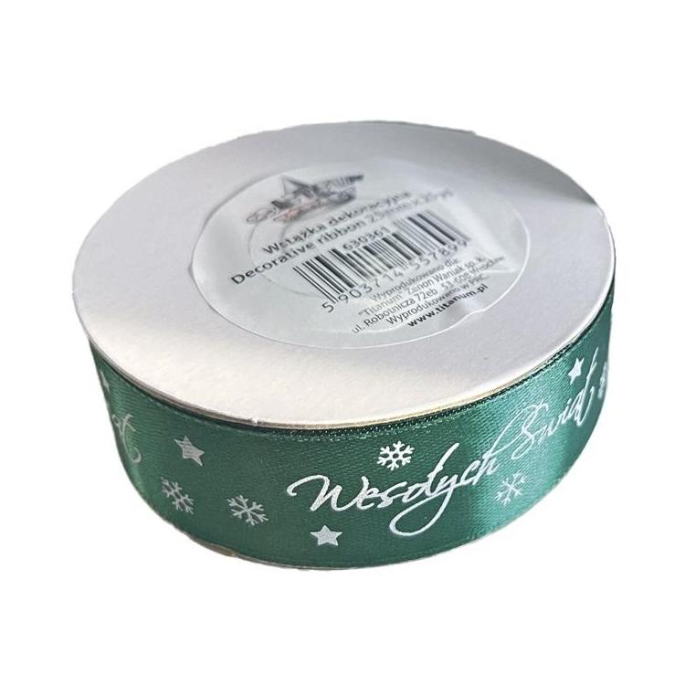 Wstążka satynowa Wesołych Świąt 25mm zielona