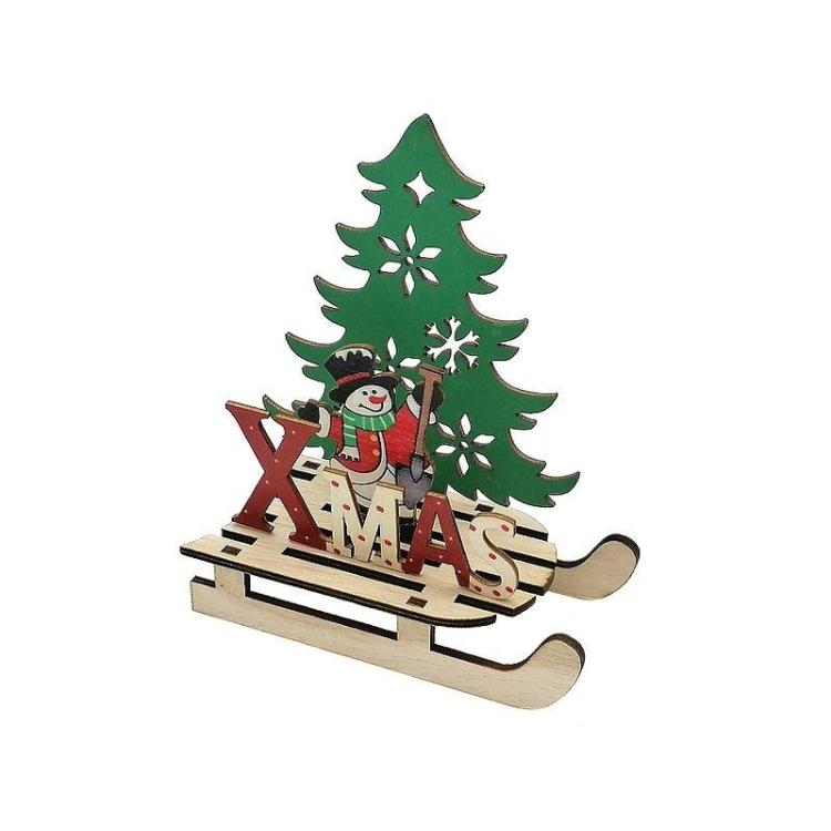 Dekoracja świąteczna drewniana bałwanek na saniach
