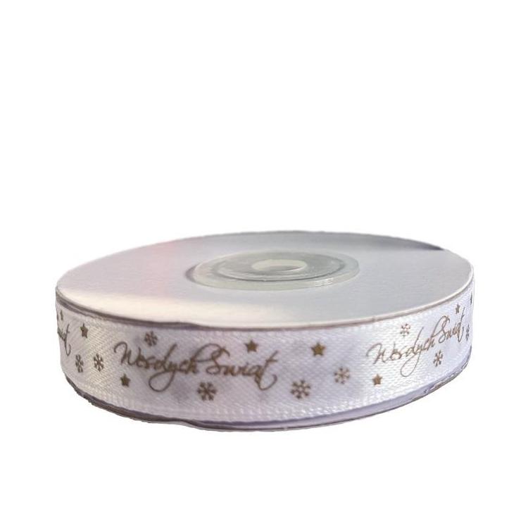 Wstążka satynowa Wesołych Świąt 12mm biała