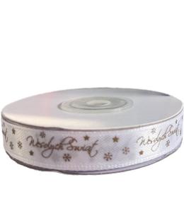 Wstążka satynowa Wesołych Świąt 12mm biała