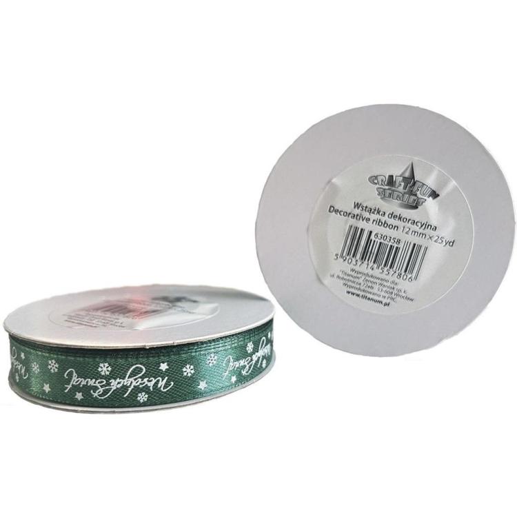 Wstążka satynowa Wesołych Świąt 12mm zielona