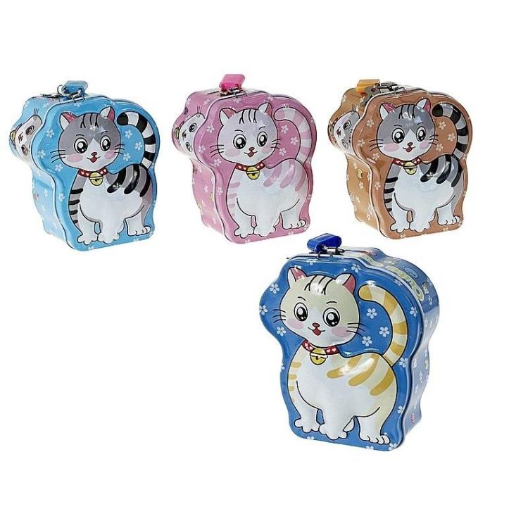 Skarbonka metalowa kotek z kłódką MIX