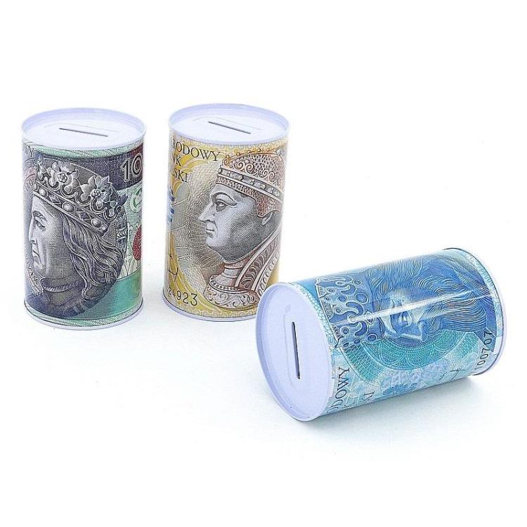 Skarbonka metalowa puszka Waluta PLN mix