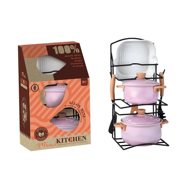 Zestaw garnków metalowych na stojaku