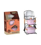 Zestaw garnków metalowych na stojaku