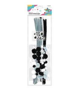 Zestaw druciki, pompony, oczka szare 80szt