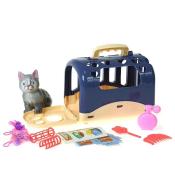 Kotek z klatką do przenoszenia z akcesoriami