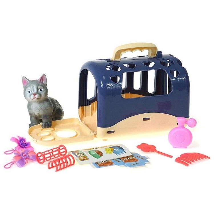 Kotek z klatką do przenoszenia z akcesoriami