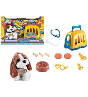 Piesek z klatką do przenoszenia