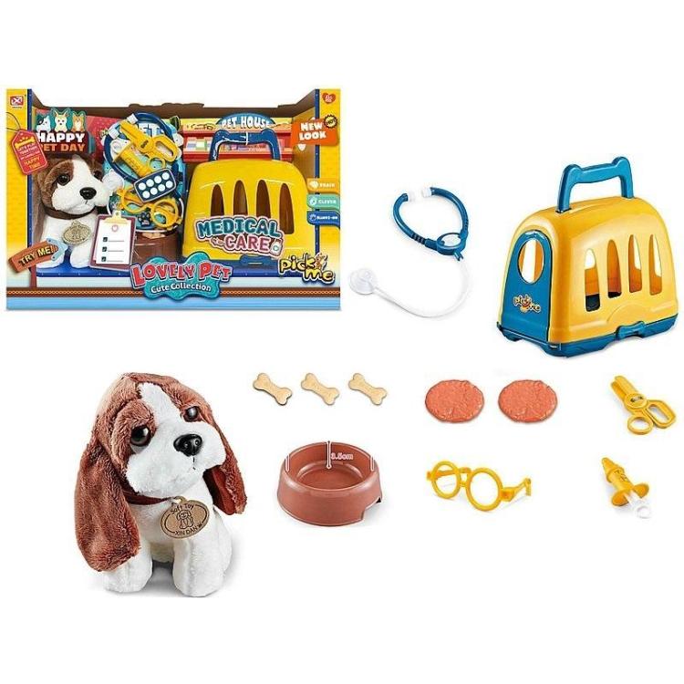 Piesek z klatką do przenoszenia