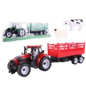 Traktor z przyczepą burtową i zwierzętami mix
