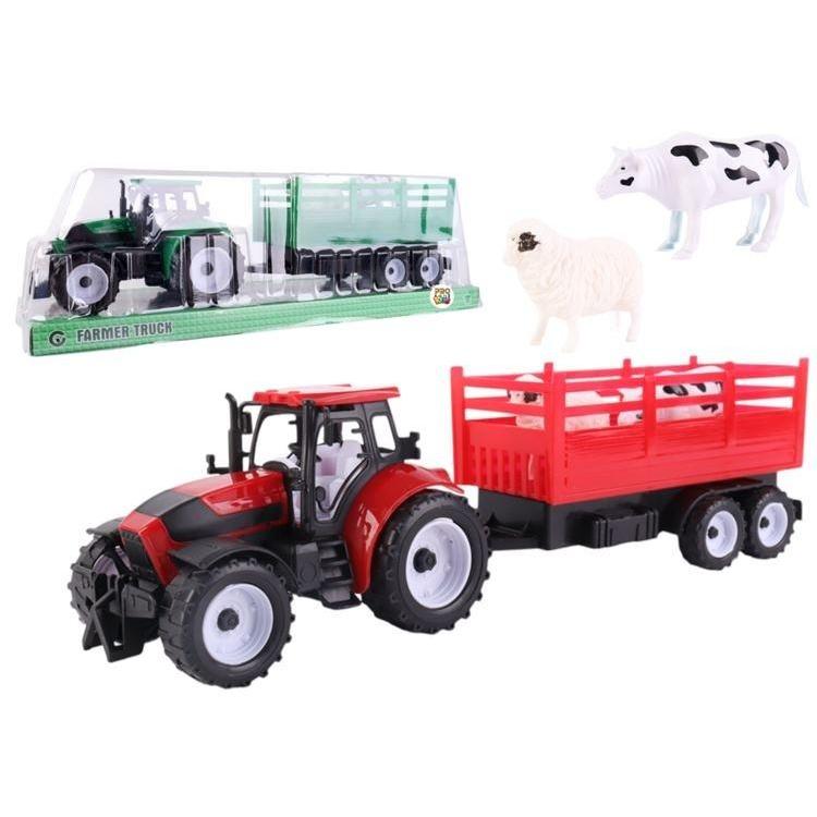 Traktor z przyczepą burtową i zwierzętami mix