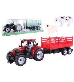 Traktor z przyczepą burtową i zwierzętami mix