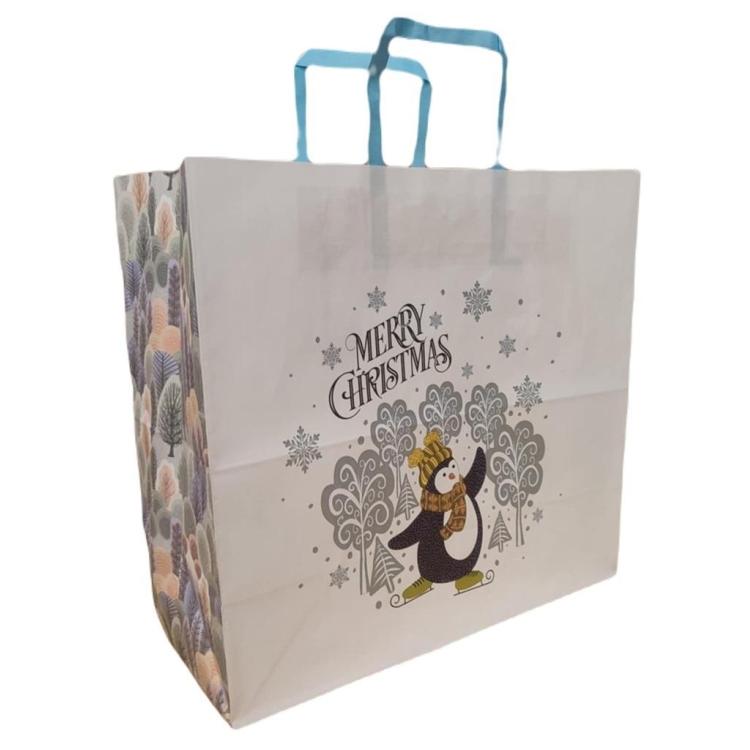 Torebka biała KRAFT 320x300x150 Święta Pingwin