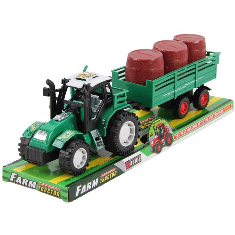 Traktor z przyczepą i beczkami